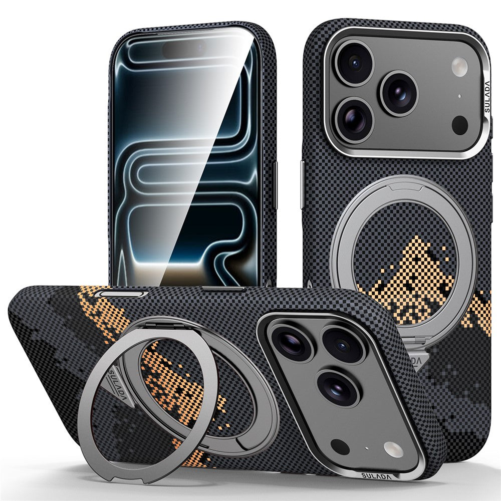 SULADA for iPhone 18 Pro / 17 Pro Magnetic Case 360° Rotating Ring Kickstand Golden Mountain Pattern PC Slim Phone Cover