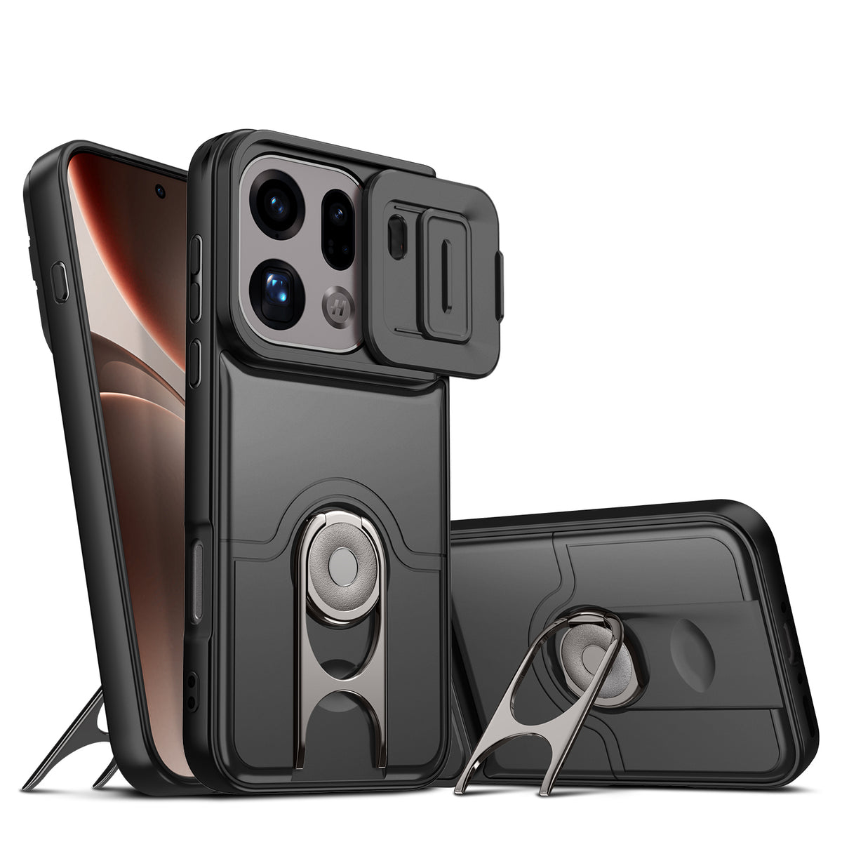 For Oppo Find X9 Pro 5G Case with Slide Camera Cover Kickstand PC + TPU Protective Phone Shell