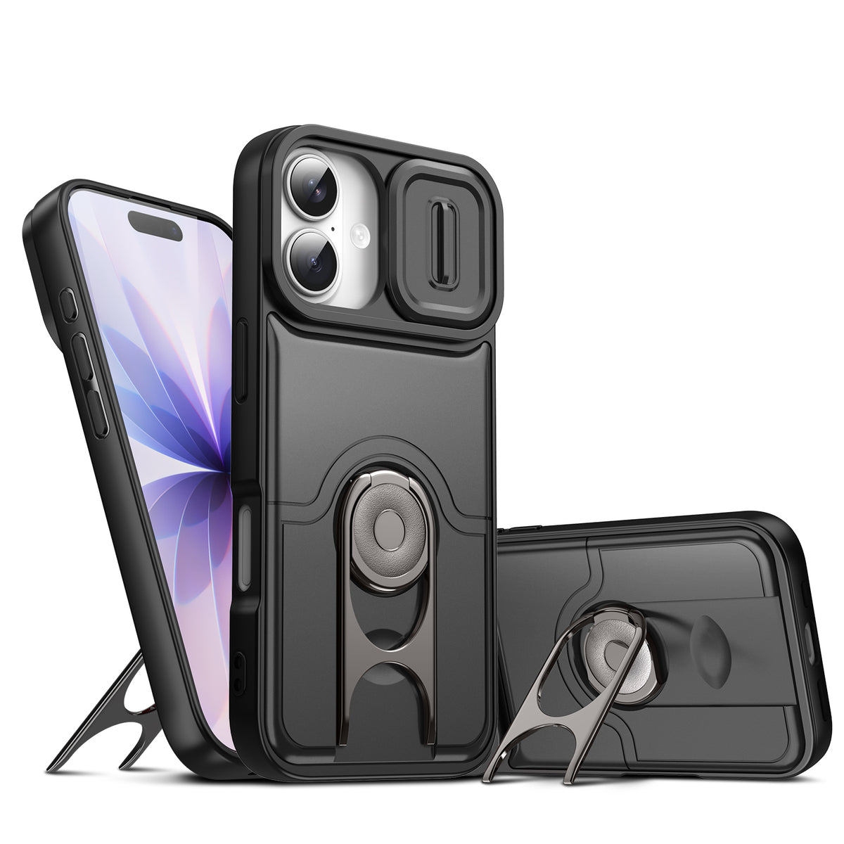 For iPhone 17 Case with Slide Camera Cover Kickstand PC + TPU Protective Phone Shell