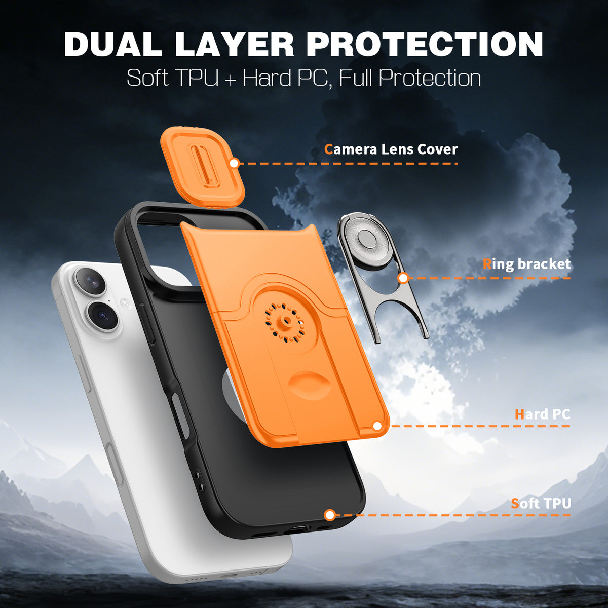 For iPhone 17 Case with Slide Camera Cover Kickstand PC + TPU Protective Phone Shell