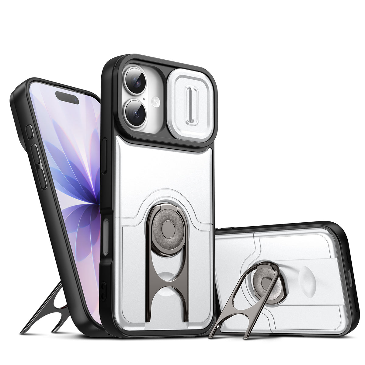 For iPhone 17 Case with Slide Camera Cover Kickstand PC + TPU Protective Phone Shell