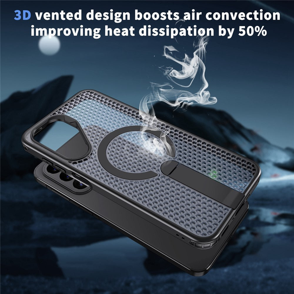 For Samsung Galaxy A27 5G Magnetic Case Kickstand Grid Texture TPU PC Phone Back Cover
