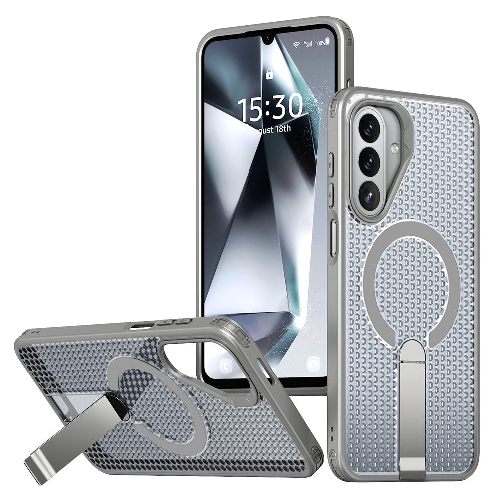 For Samsung Galaxy A27 5G Magnetic Case Kickstand Grid Texture TPU PC Phone Back Cover
