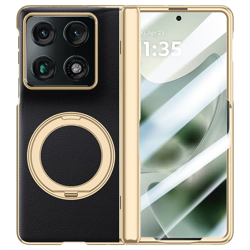 For Motorola Razr Fold 5G Magnetic Case with Tempered Glass 360° Rotatable Metal Ring Kickstand PU Leather + PC + Acrylic Cover