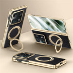 For Motorola Razr Fold 5G Magnetic Case with Tempered Glass 360° Rotatable Metal Ring Kickstand PU Leather + PC + Acrylic Cover