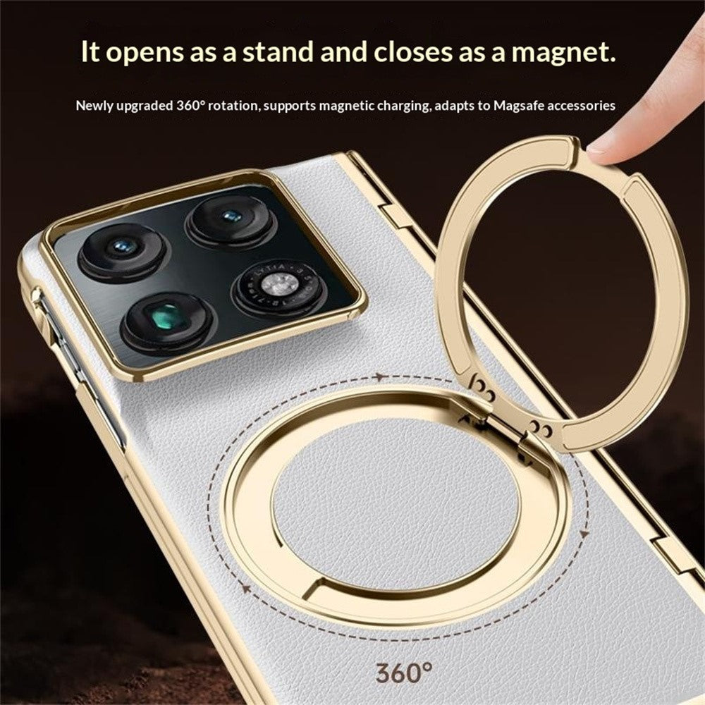 For Motorola Razr Fold 5G Magnetic Case with Tempered Glass 360° Rotatable Metal Ring Kickstand PU Leather + PC + Acrylic Cover