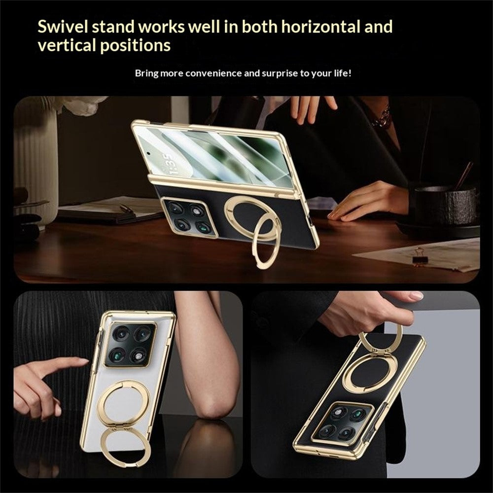 For Motorola Razr Fold 5G Magnetic Case with Tempered Glass 360° Rotatable Metal Ring Kickstand PU Leather + PC + Acrylic Cover