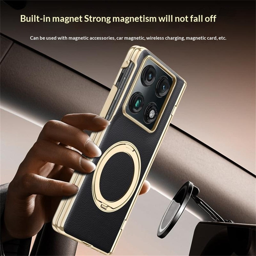 For Motorola Razr Fold 5G Magnetic Case with Tempered Glass 360° Rotatable Metal Ring Kickstand PU Leather + PC + Acrylic Cover