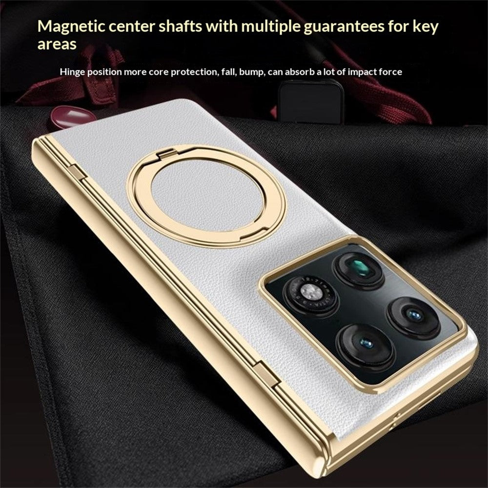 For Motorola Razr Fold 5G Magnetic Case with Tempered Glass 360° Rotatable Metal Ring Kickstand PU Leather + PC + Acrylic Cover