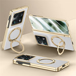 For Motorola Razr Fold 5G Magnetic Case with Tempered Glass 360° Rotatable Metal Ring Kickstand PU Leather + PC + Acrylic Cover