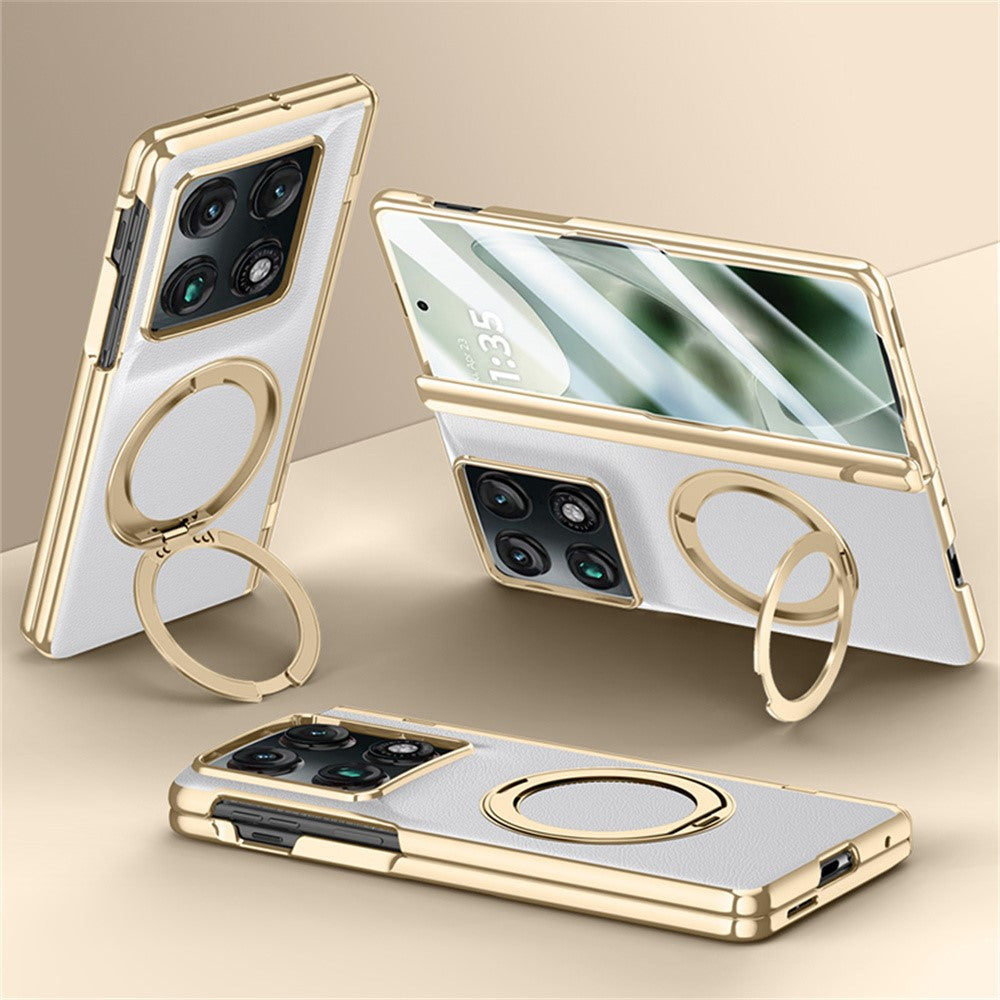 For Motorola Razr Fold 5G Magnetic Case with Tempered Glass 360° Rotatable Metal Ring Kickstand PU Leather + PC + Acrylic Cover