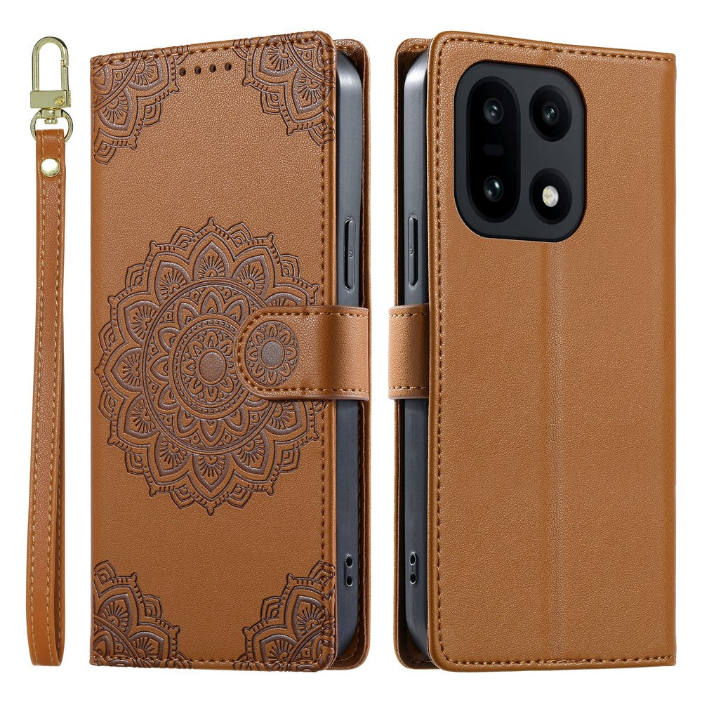 OnePlus 15 5G-skal Präglat Totem-läderfodral med flip-plånbok och handledsrem