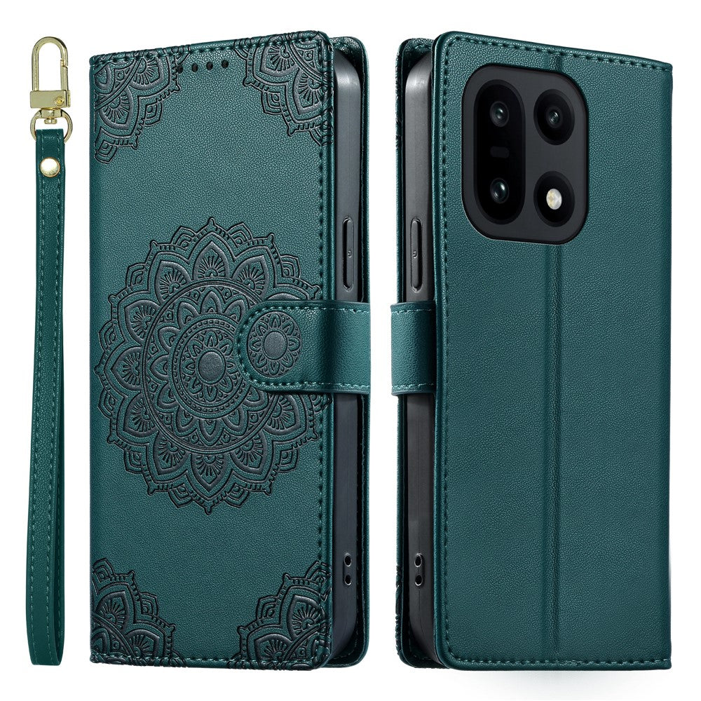 OnePlus 15 5G-skal Präglat Totem-läderfodral med flip-plånbok och handledsrem
