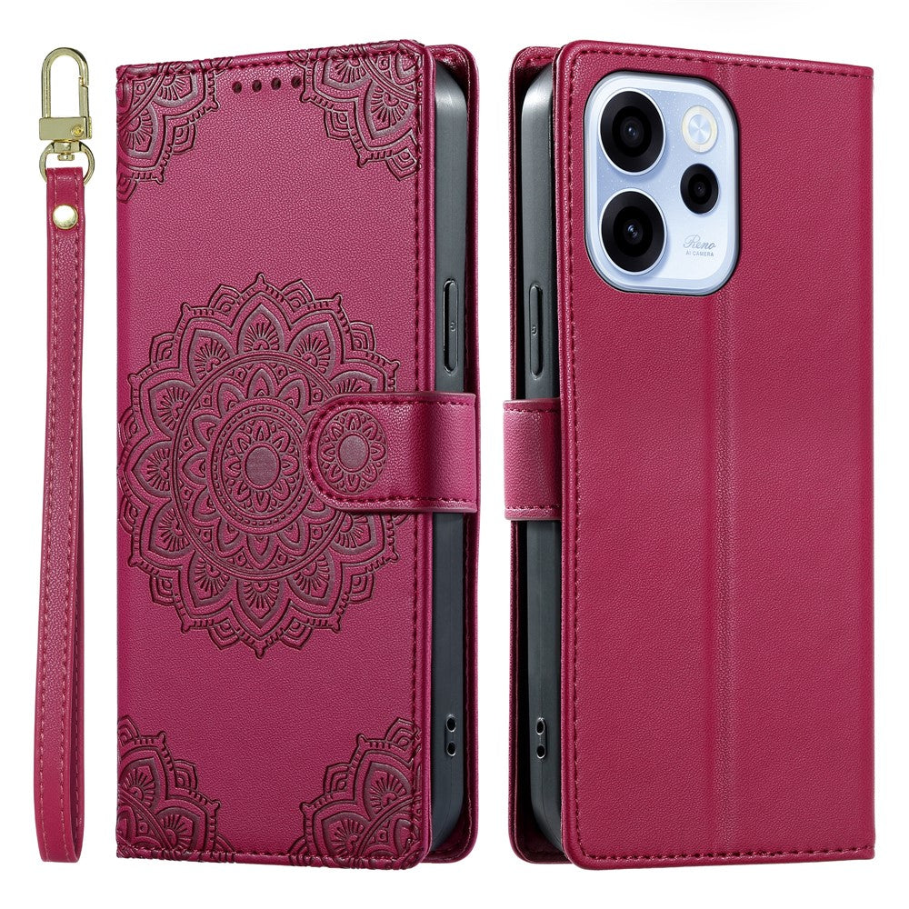 For Oppo Reno15 F 5G Case Embossed Totem Leather Flip Wallet Phone Cover with Wrist Strap