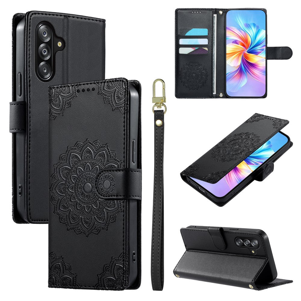 Samsung Galaxy A18 5G / A18 4G / A17 5G / A17 4G / A26 5G / A16 5G / A16 4G-cover i præget totemlæder, pung med håndledsrem