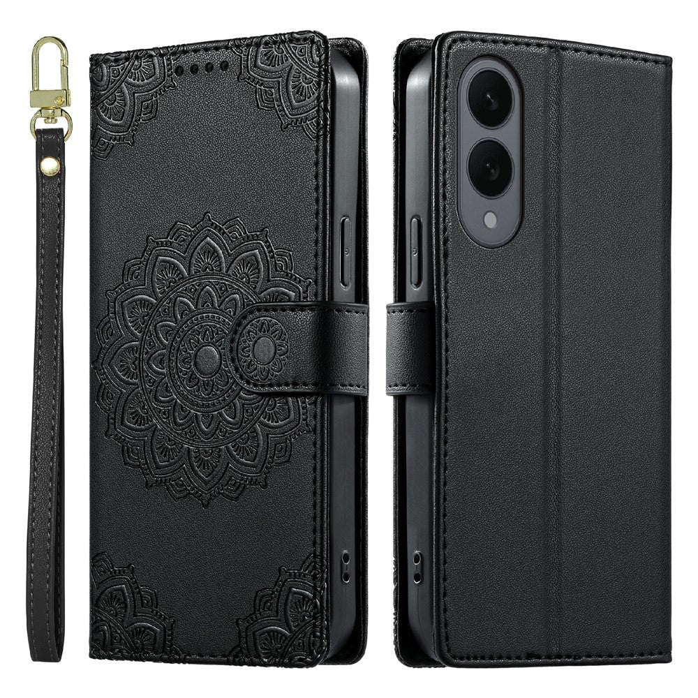 Til Samsung Galaxy S25 Edge cover præget Totem læder flip pung telefoncover med håndledsrem