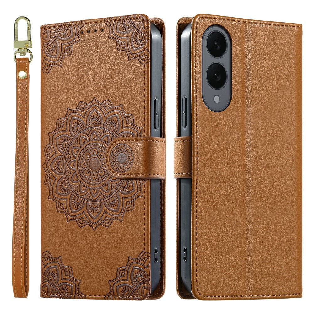 Til Samsung Galaxy S25 Edge cover præget Totem læder flip pung telefoncover med håndledsrem
