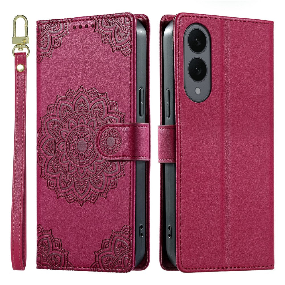 Til Samsung Galaxy S25 Edge cover præget Totem læder flip pung telefoncover med håndledsrem