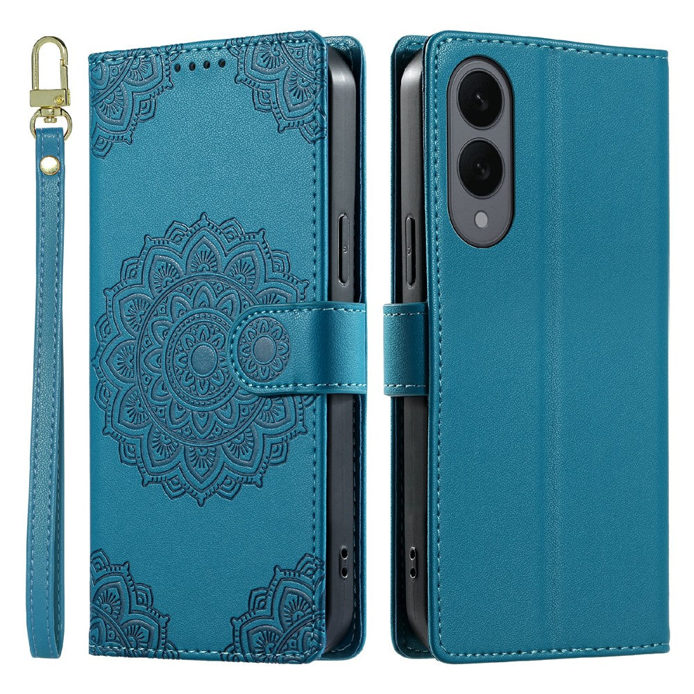 Til Samsung Galaxy S25 Edge cover præget Totem læder flip pung telefoncover med håndledsrem