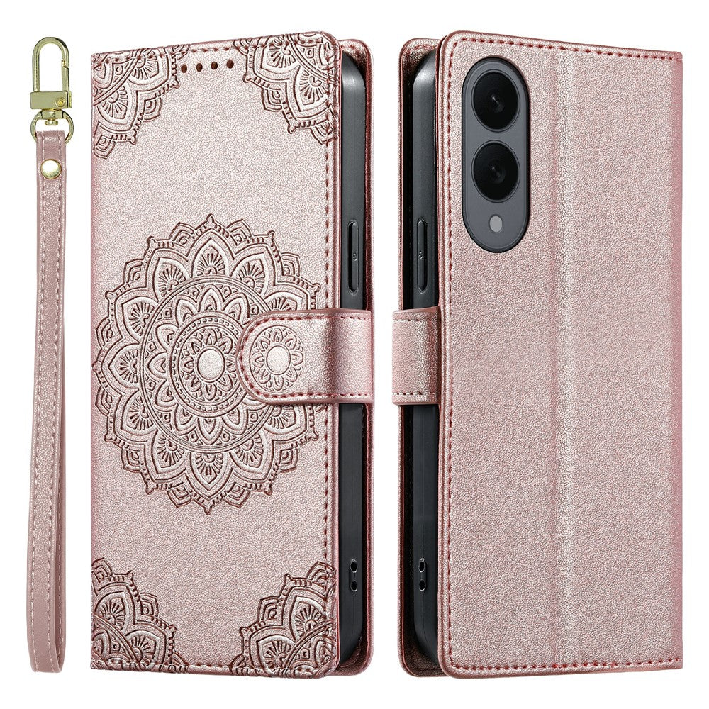 Til Samsung Galaxy S25 Edge cover præget Totem læder flip pung telefoncover med håndledsrem
