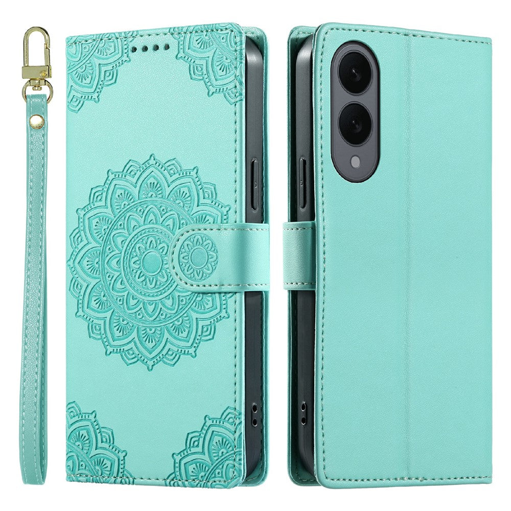 Til Samsung Galaxy S25 Edge cover præget Totem læder flip pung telefoncover med håndledsrem