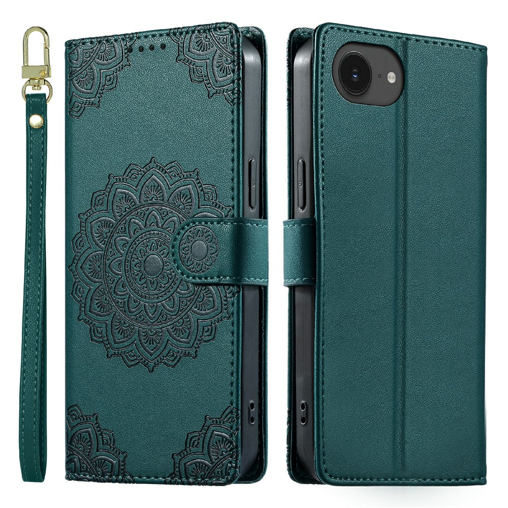 Til iPhone 17e / 16e etui Præget Totem Læder Flip Wallet Telefoncover med Håndrem
