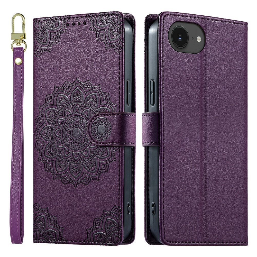 Til iPhone 17e / 16e etui Præget Totem Læder Flip Wallet Telefoncover med Håndrem