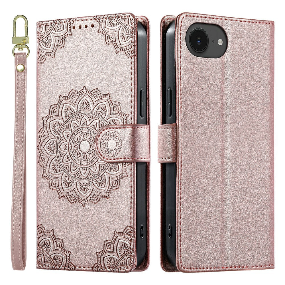 Til iPhone 17e / 16e etui Præget Totem Læder Flip Wallet Telefoncover med Håndrem