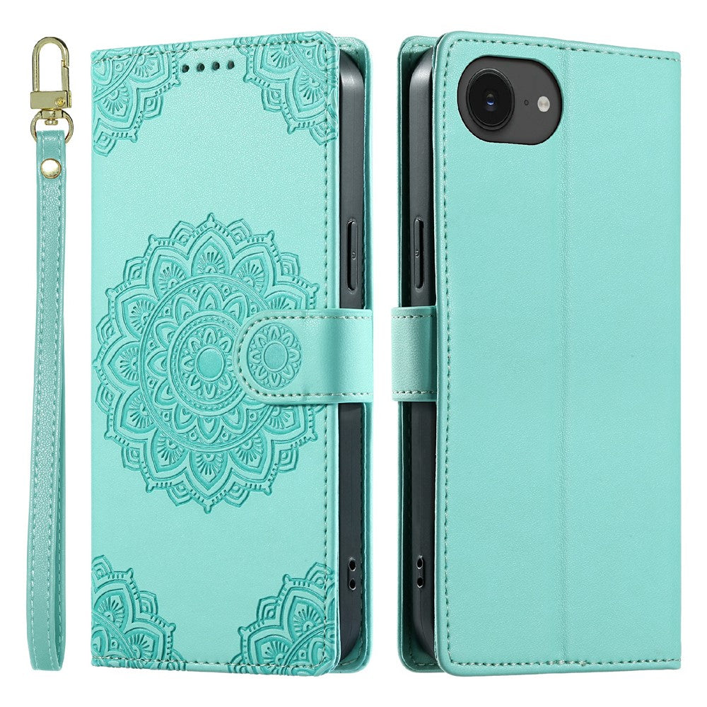 Til iPhone 17e / 16e etui Præget Totem Læder Flip Wallet Telefoncover med Håndrem