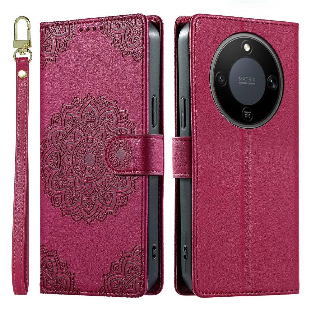 For Honor X70 5G  /  X9d 5G  /  Magic8 Lite 5G Case Embossed Totem Leather Flip Wallet Phone Cover with Wrist Strap