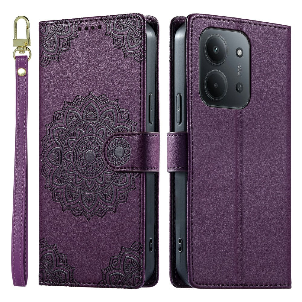 Xiaomi Redmi 15C 4G (Global) (171 mm) / 15C 5G (Global) (171 mm) / Poco C85 4G (171 mm) fodral Präglat totemläderfodral med flip-fodral och handledsrem