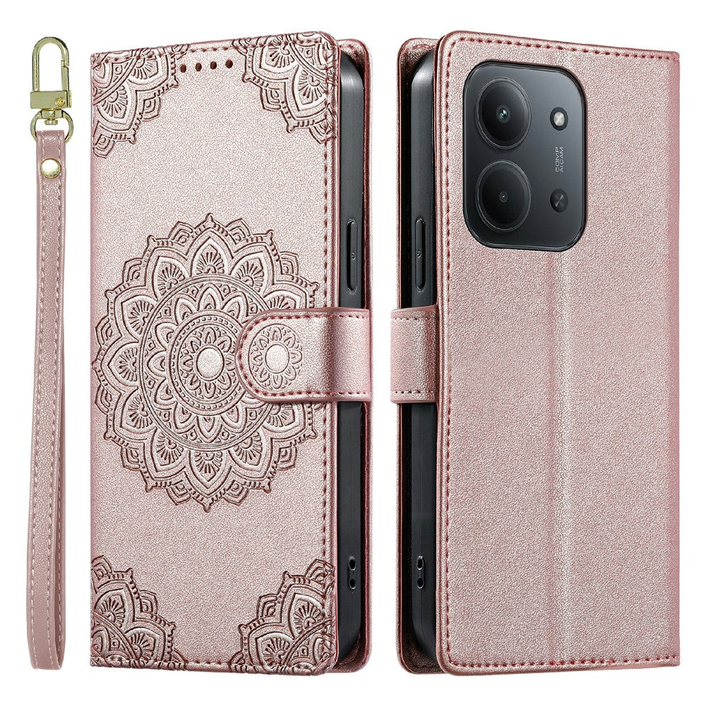 Xiaomi Redmi 15C 4G (Global) (171 mm) / 15C 5G (Global) (171 mm) / Poco C85 4G (171 mm) fodral Präglat totemläderfodral med flip-fodral och handledsrem