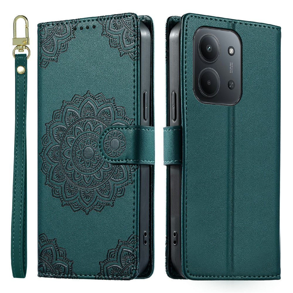 Xiaomi Redmi 15C 5G (EU) (173 mm) / 15C 4G (EU) (173 mm) fodral Präglat totemläderfodral med flip-fodral och handledsrem
