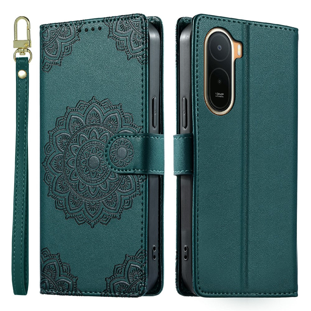 For Xiaomi Redmi A7 Pro 4G (171.56mm)  /  Poco C85x 5G Case Embossed Totem Leather Flip Wallet Phone Cover with Wrist Strap