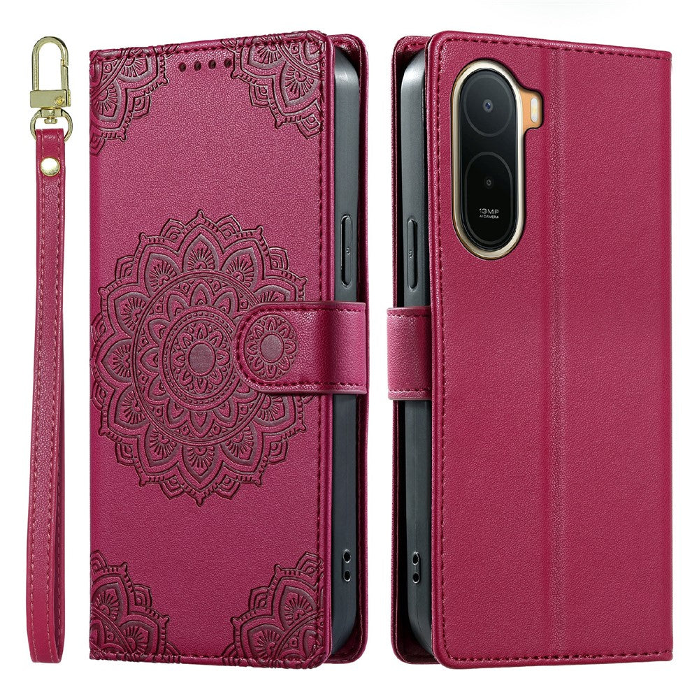 For Xiaomi Redmi A7 Pro 4G (171.56mm)  /  Poco C85x 5G Case Embossed Totem Leather Flip Wallet Phone Cover with Wrist Strap