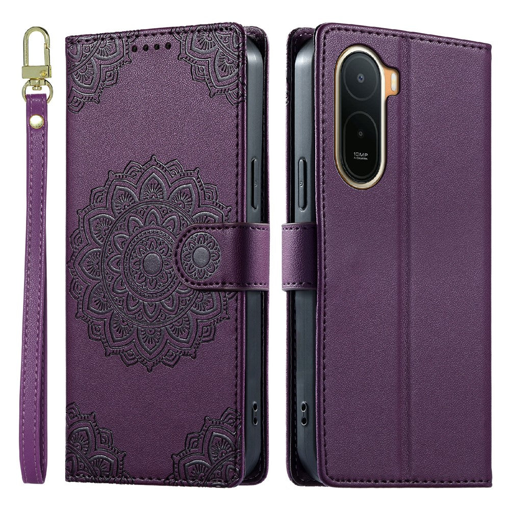 For Xiaomi Redmi A7 Pro 4G (171.56mm)  /  Poco C85x 5G Case Embossed Totem Leather Flip Wallet Phone Cover with Wrist Strap