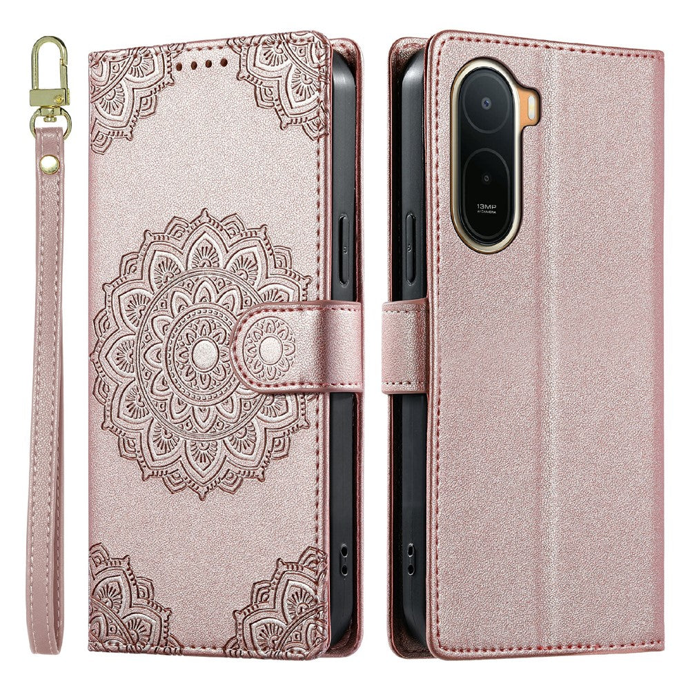 For Xiaomi Redmi A7 Pro 4G (171.56mm)  /  Poco C85x 5G Case Embossed Totem Leather Flip Wallet Phone Cover with Wrist Strap