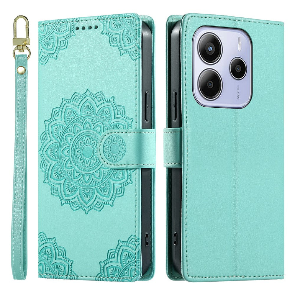 For Xiaomi Redmi Note 14 5G Case Embossed Totem Leather Flip Wallet Phone Cover with Wrist Strap