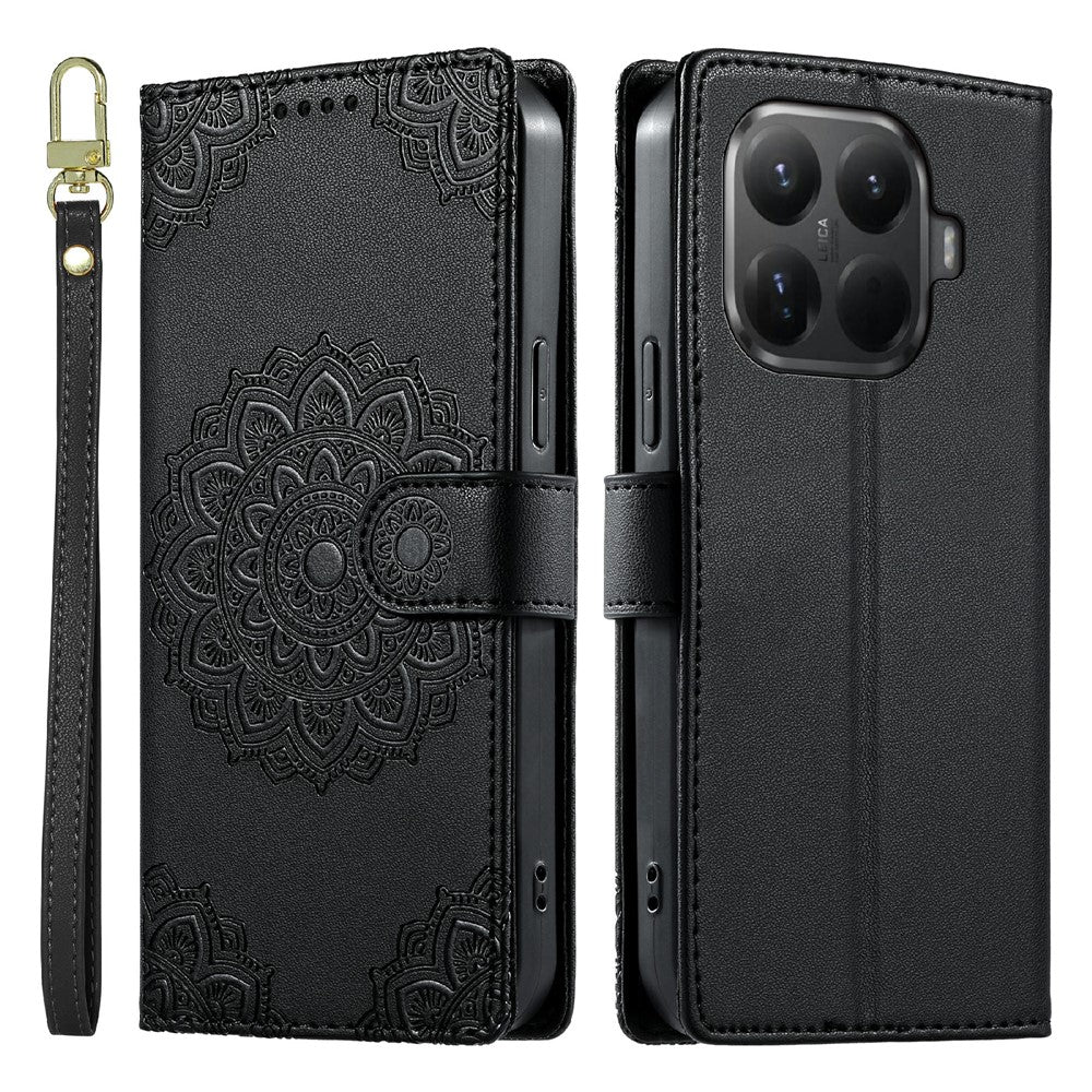 Xiaomi 15T Pro-skal Präglat Totem-läderfodral med flip-plånbok och handledsrem