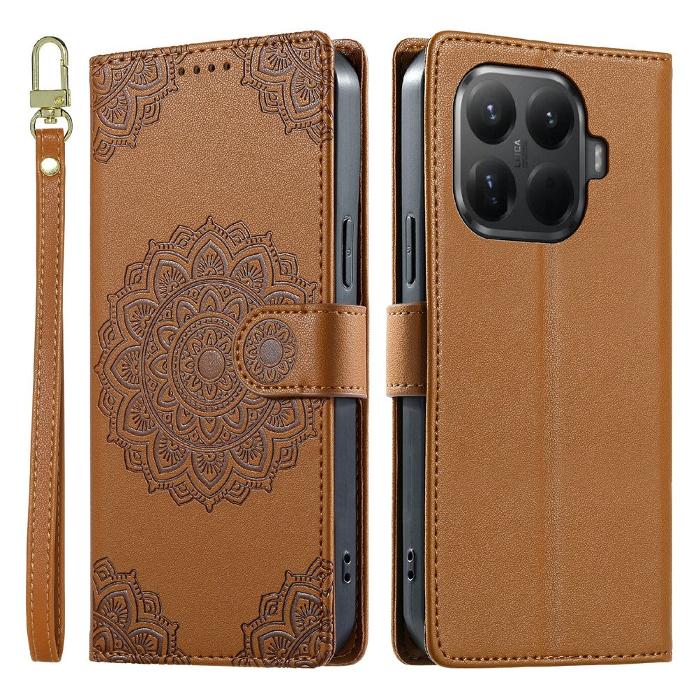 Xiaomi 15T Pro-skal Präglat Totem-läderfodral med flip-plånbok och handledsrem