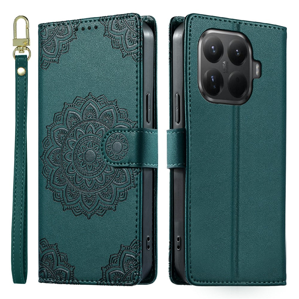 Xiaomi 15T Pro-skal Präglat Totem-läderfodral med flip-plånbok och handledsrem