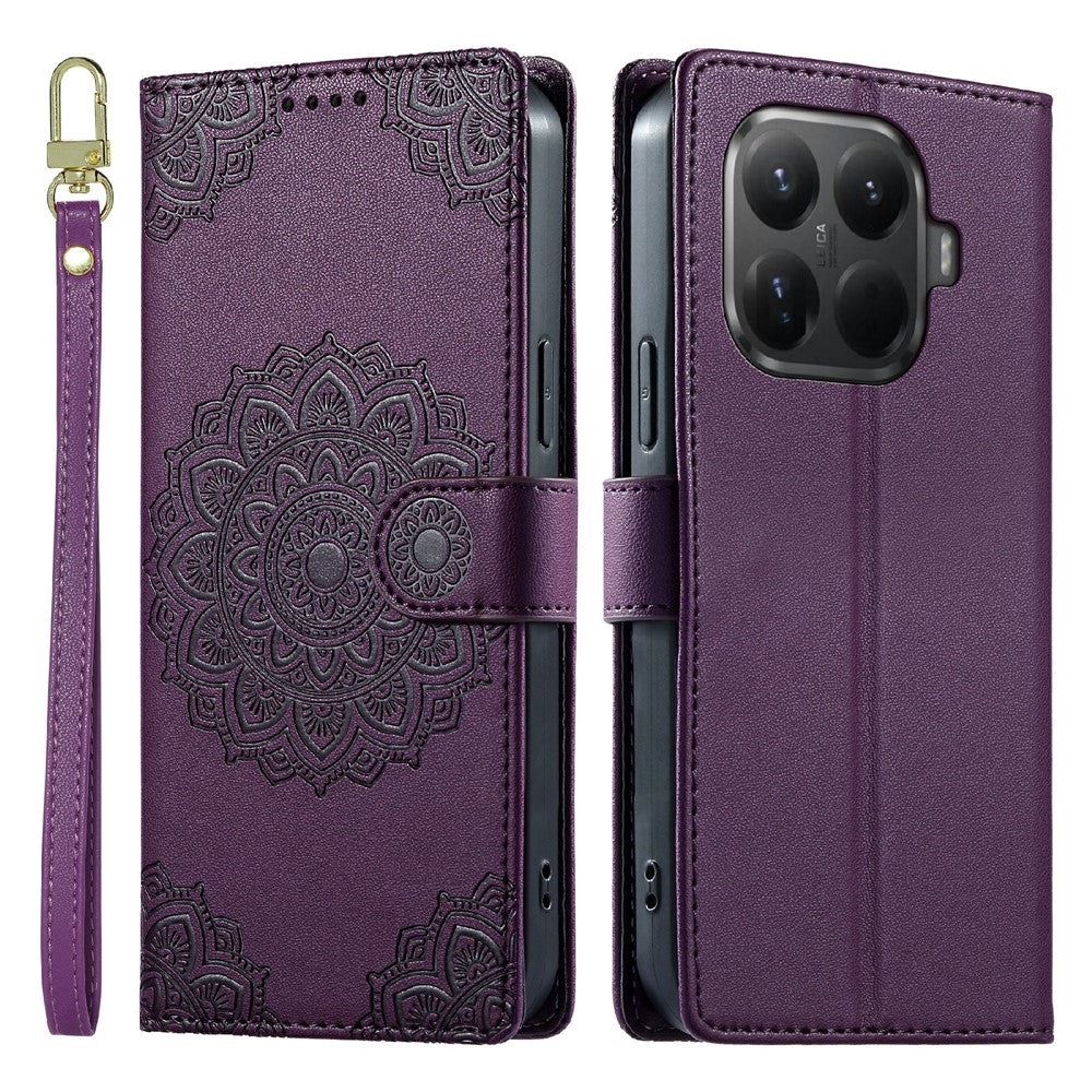 Xiaomi 15T Pro-skal Präglat Totem-läderfodral med flip-plånbok och handledsrem