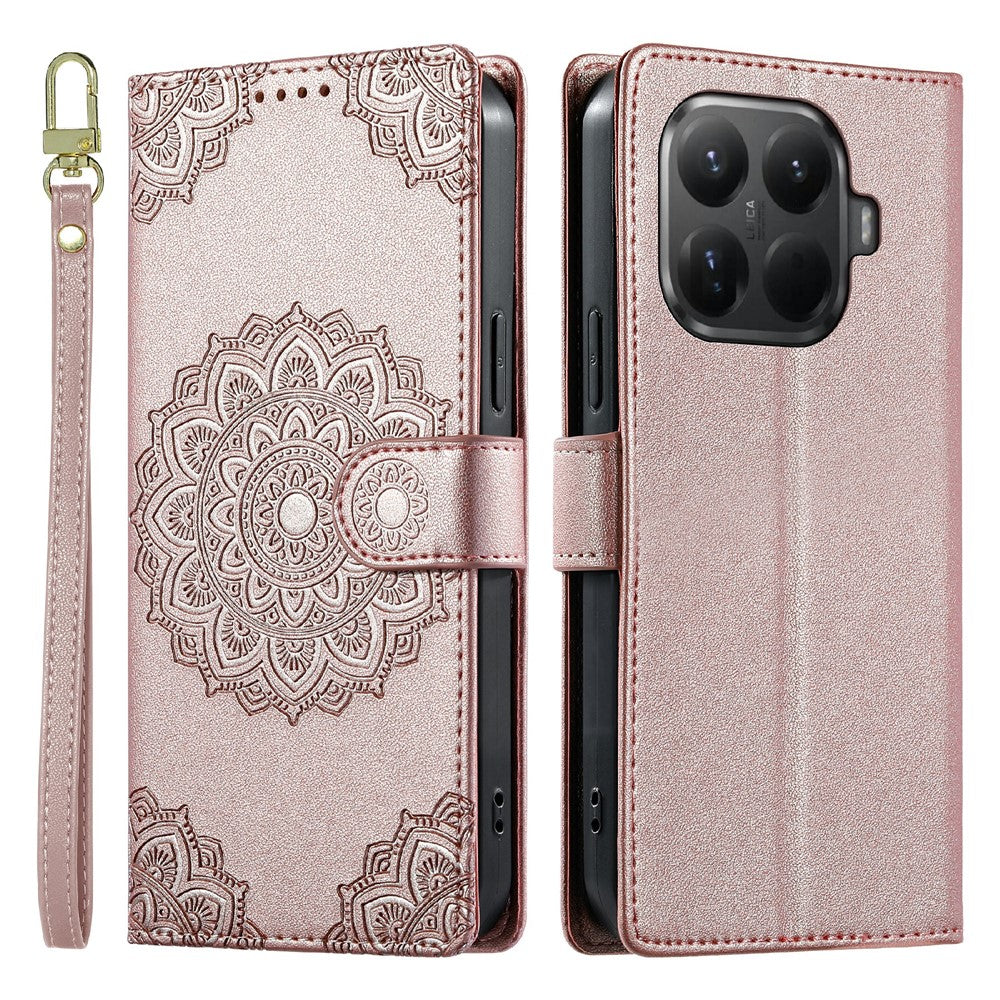 Xiaomi 15T Pro-skal Präglat Totem-läderfodral med flip-plånbok och handledsrem