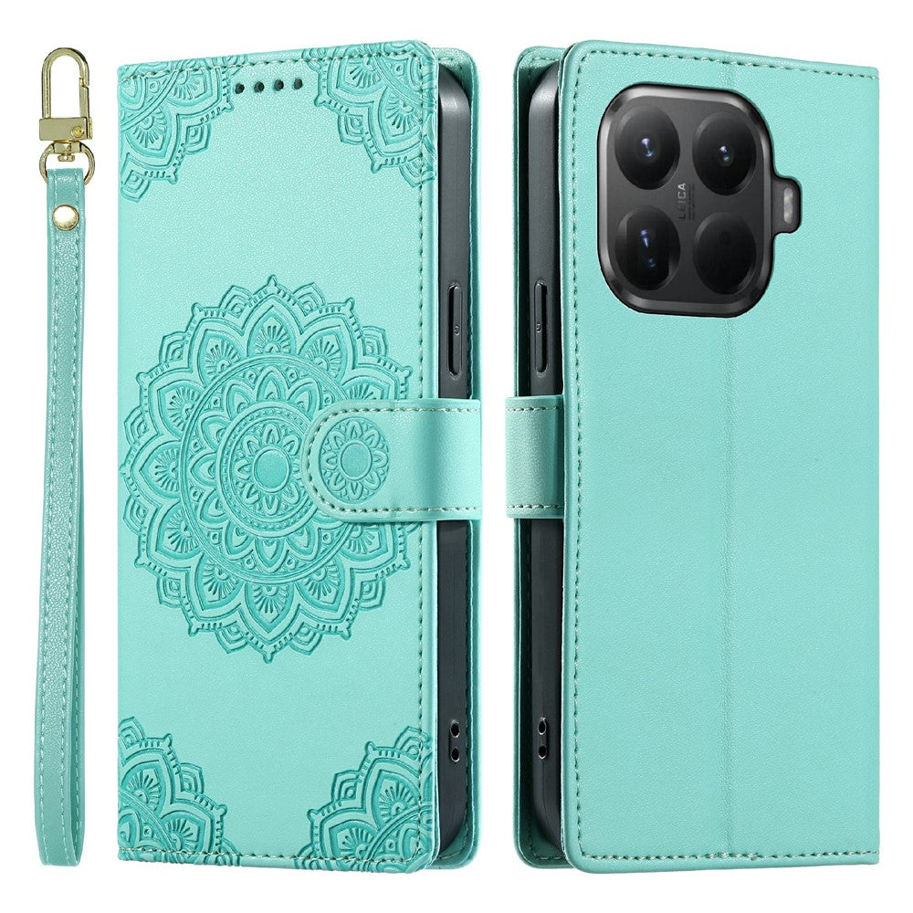 Xiaomi 15T Pro-skal Präglat Totem-läderfodral med flip-plånbok och handledsrem