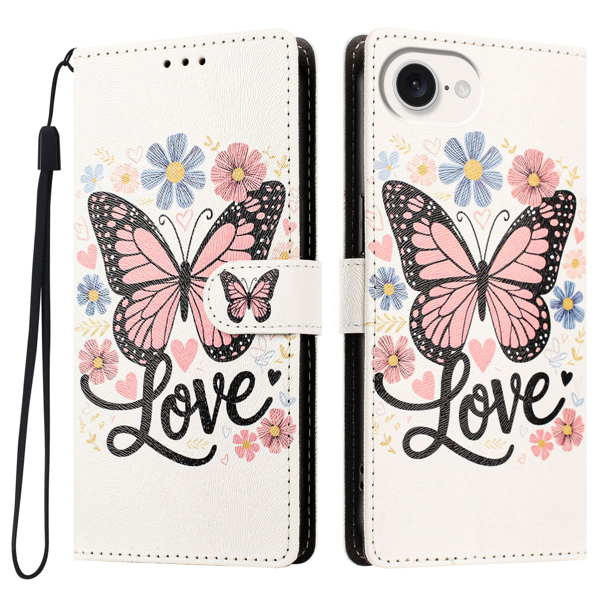 For iPhone 16e / iPhone 17e Case Pattern Printed PU Leather Flip Wallet Phone Cover with Wrist Strap