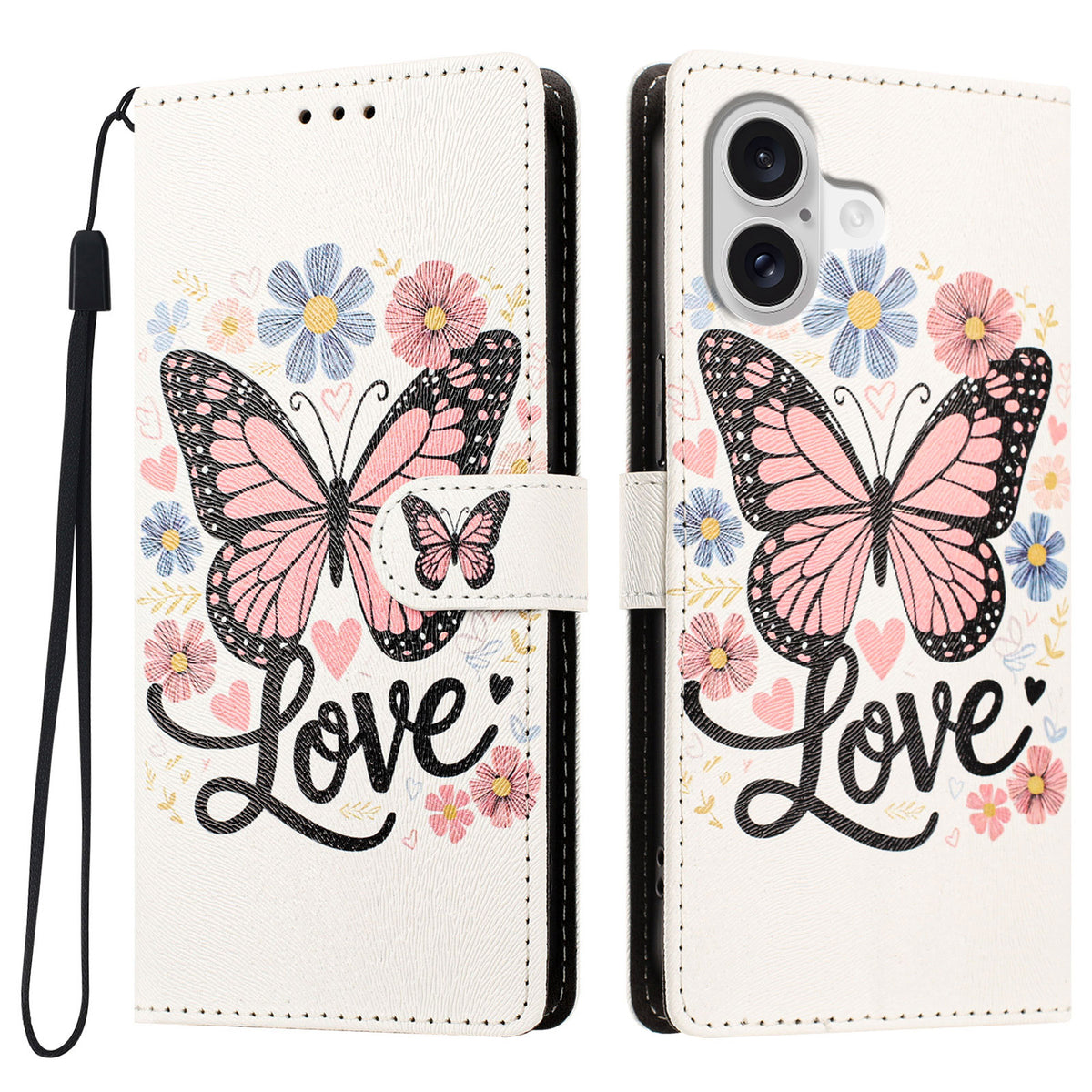 Til iPhone 17 / iPhone 18 etui mønstertryk PU-læder flip cover med håndledsrem