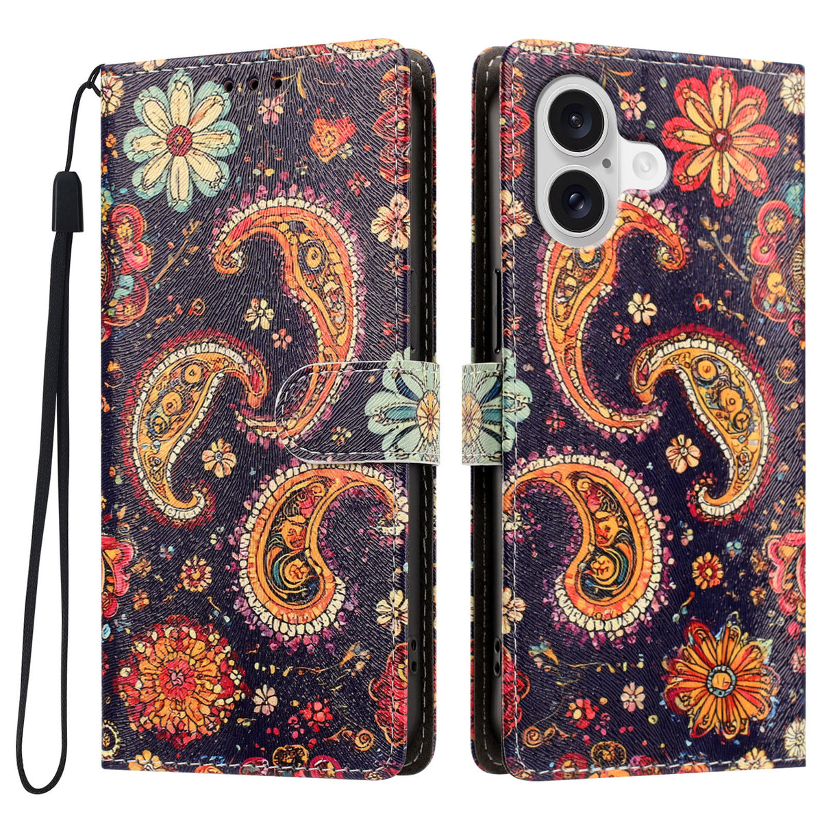 Til iPhone 17 / iPhone 18 etui mønstertryk PU-læder flip cover med håndledsrem