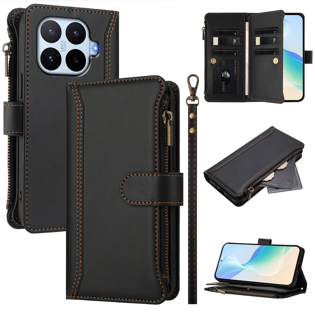 For Xiaomi 17T Leather Case 9 Card Slots Zipper Wallet Stand Phone Cover with Wrist Strap