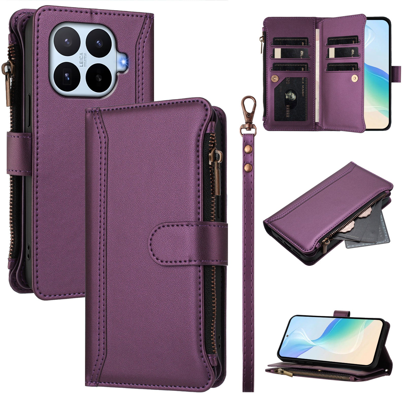 For Xiaomi 17T Leather Case 9 Card Slots Zipper Wallet Stand Phone Cover with Wrist Strap