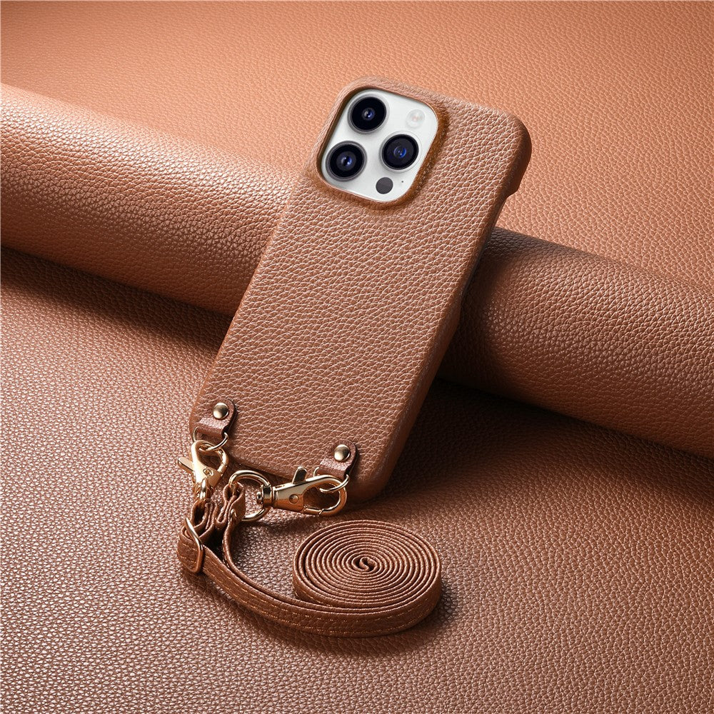 For iPhone 16 Pro Litchi Pattern Case with Lanyard Shockproof PC PU Leather Cover